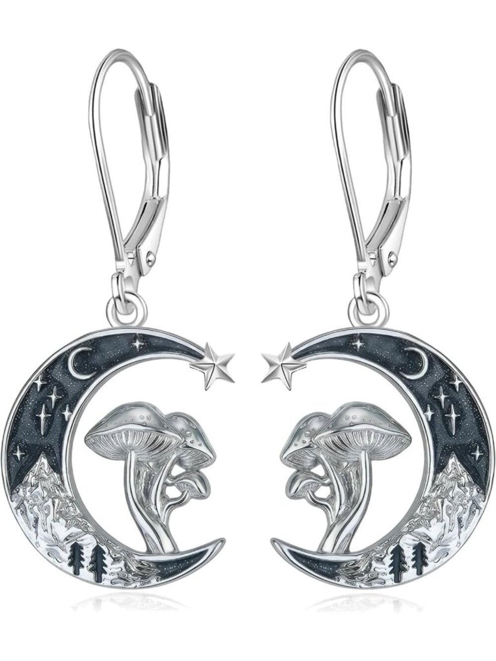 Gothic Moon Skull Dangle Earrings - 925 Sterling Silver Leverback, Unique Gift